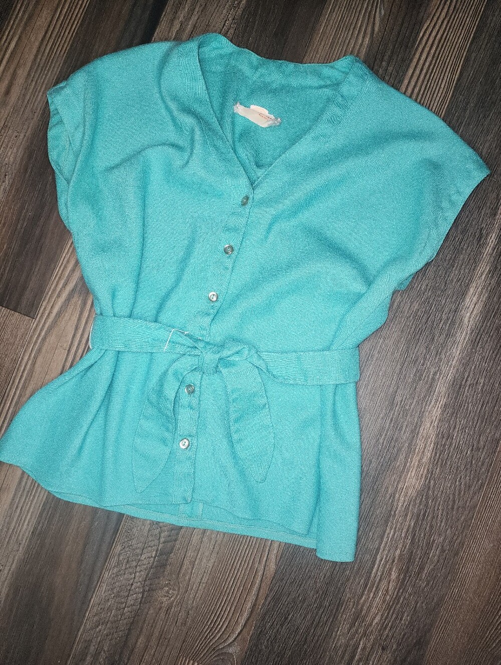 Vintage David Warren Belted Top Teal Green Retro 80s Business Casual Vneck